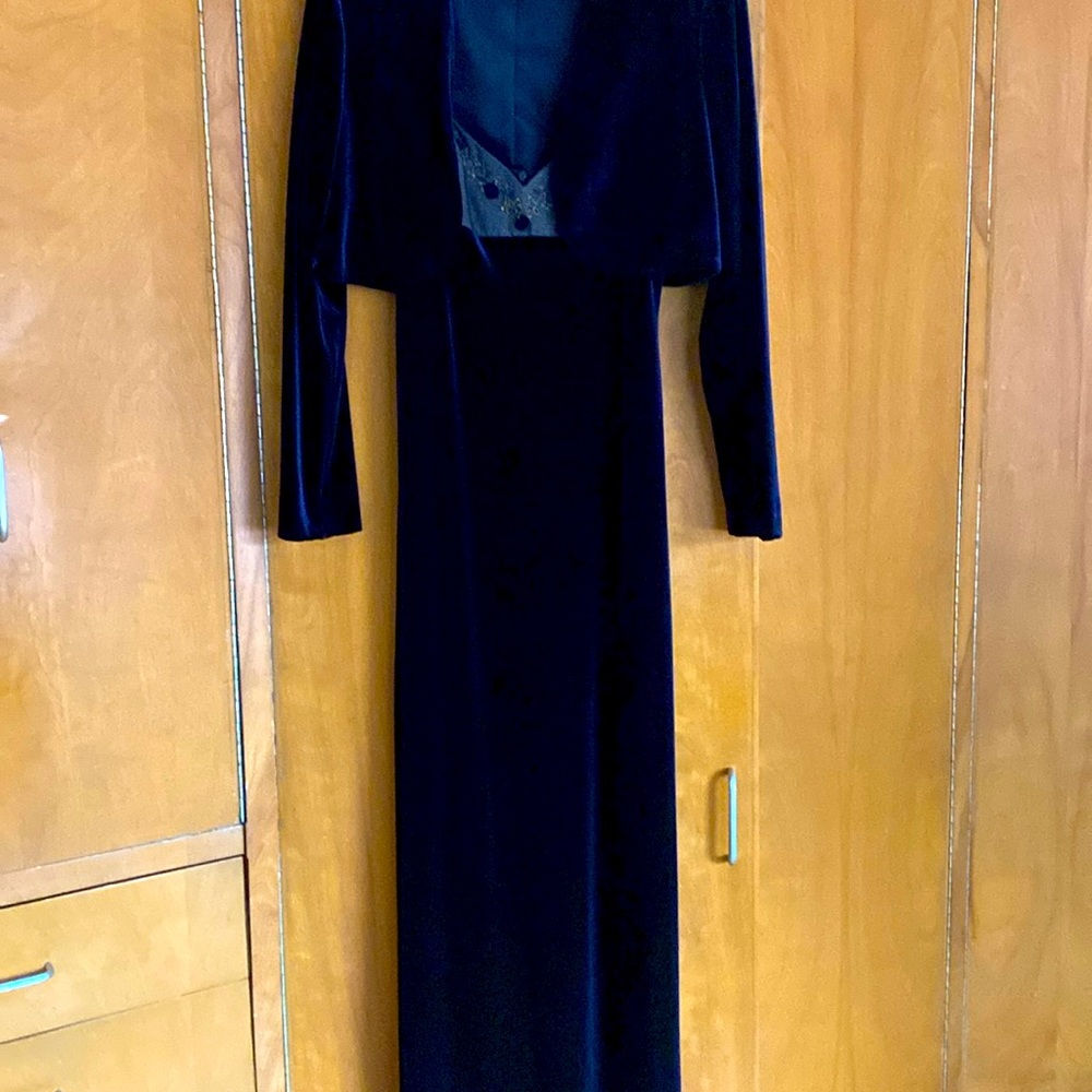 Blue velvet dress, size 8 , comes with velvet jacket .